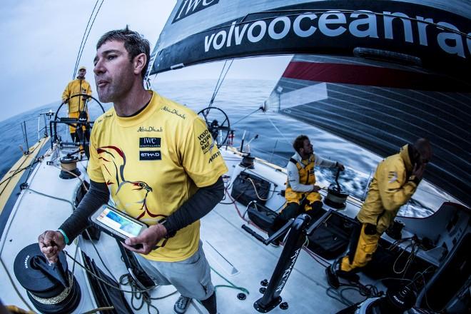 Onboard Abu Dhabi Ocean Racing - Simon SiFi Fisher tries to guess what the wind will do next after slipping back from the leaders - Leg 8 to Lorient – Volvo Ocean Race 2015 © Matt Knighton/Abu Dhabi Ocean Racing